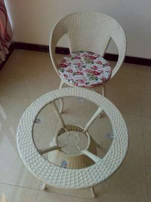 賽森 藤椅三件套特價陽臺桌椅套件五休閑戶外田園家具庭院茶幾組合椅子咖啡廳賓館奶茶店組合批發(fā) 米白色帶坐墊. 兩個椅子+茶幾--整體還可以…&hellip.